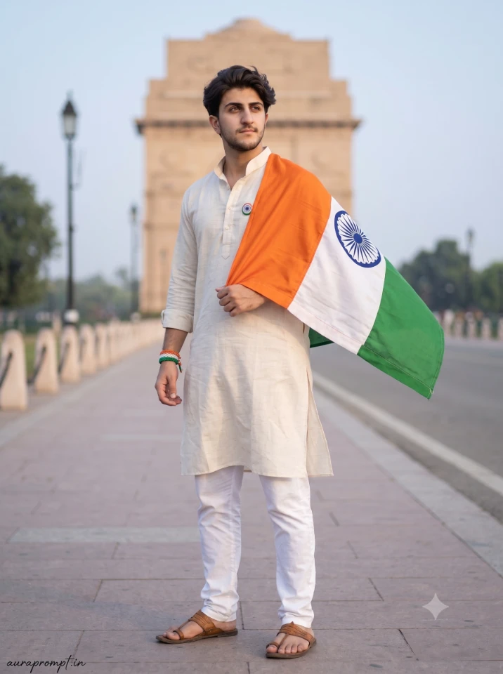 Patriotic Indian boy in Nehru jacket with Ashoka Chakra background created with Independence Day AI Photo Editing Prompts 2026