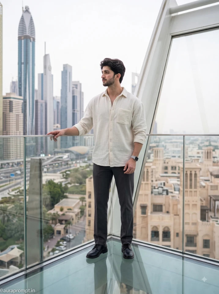 Young man in charcoal linen co-ord standing at Dubai Mall promenade with Burj Khalifa view, Dubai travel Gemini AI prompt editorial result