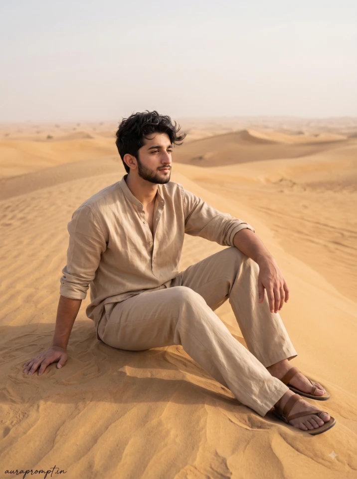 Boy in sand-toned monochrome outfit sitting on desert dune in Dubai, Dubai Gemini prompt photorealistic editorial output
