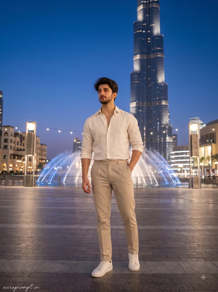 Indian boy in white linen shirt leaning against Dubai Frame glass wall, Gemini AI Dubai photo editing prompt result editorial style