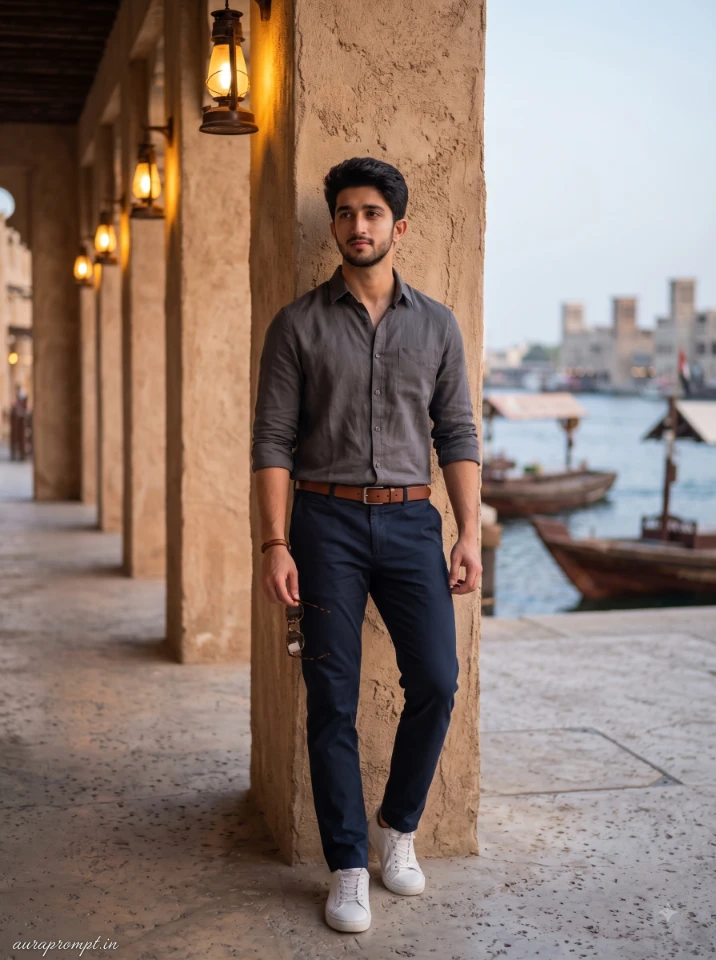 Indian boy in grey structured jacket at Al Seef heritage waterfront Dubai, Dubai photo editing prompt Gemini AI result