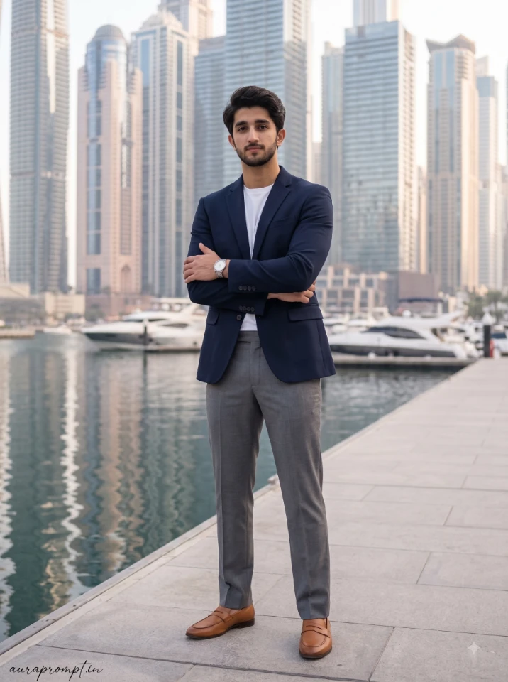 Young man in navy slim-fit blazer standing at Dubai Marina waterfront, cinematic Dubai travel AI photo prompt result
