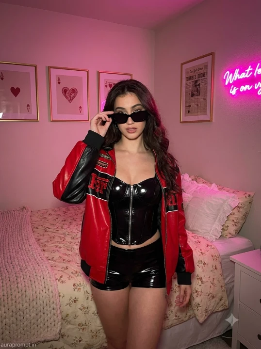 AI girl prompt in hot pink neon bedroom wearing red racing bomber jacket and vinyl black shorts for Instagram