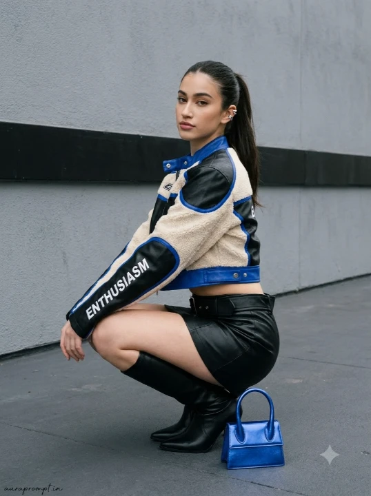 Gemini AI photo prompt for girls in black and white racing moto jacket black leather mini skirt and knee high boots crouching against grey street wall