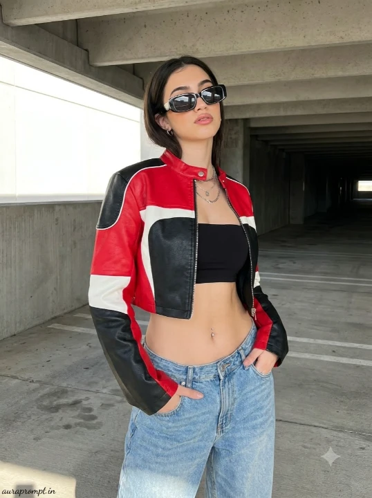 Gemini AI photo prompt girl in Y2K checkered racing jacket and baggy jeans in parking garage street style