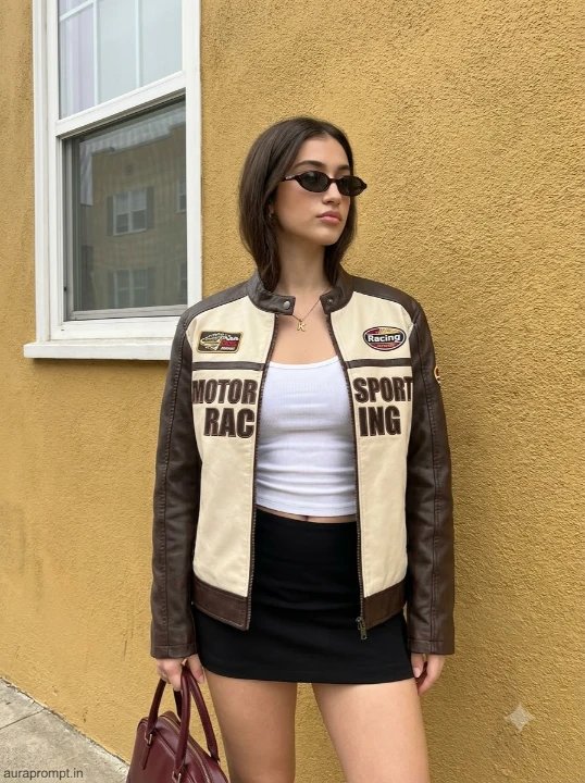 Gemini girl photo prompt in vintage cream motorsport leather jacket and black mini skirt against yellow street wall