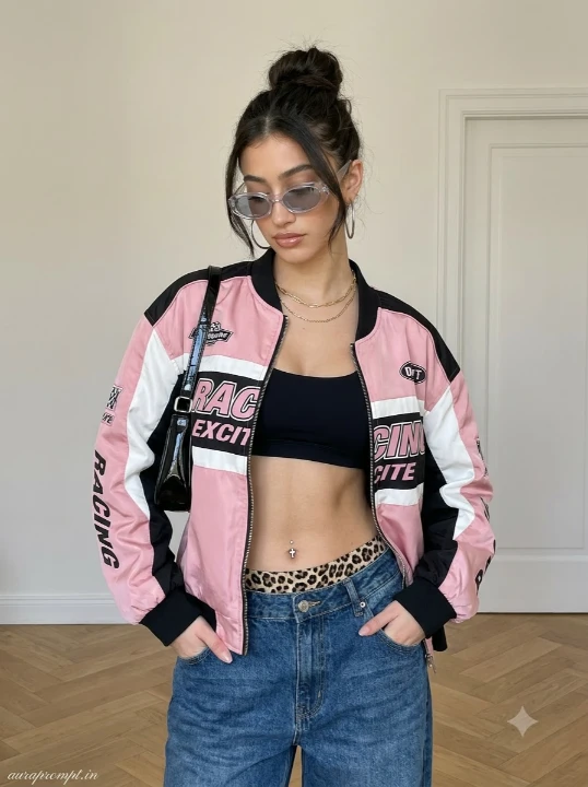 AI photo editing prompt for girls in pink color block racing bomber with dark denim at indoor Scandinavian apartment