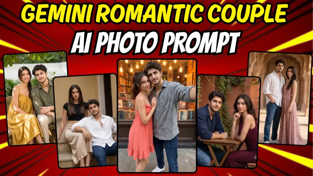 Collage of 5 Gemini romantic couple AI photo prompt results showing Indian couple in floral maxi dress and oversized shirt across cinematic outdoor and cafe scenes