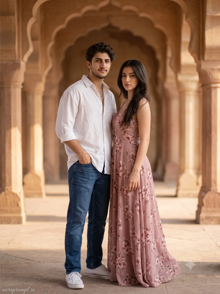 Gemini romantic couple AI photo prompt result showing girl in dusty rose floral maxi dress and boy in white oversized shirt standing at a sunlit heritage corridor