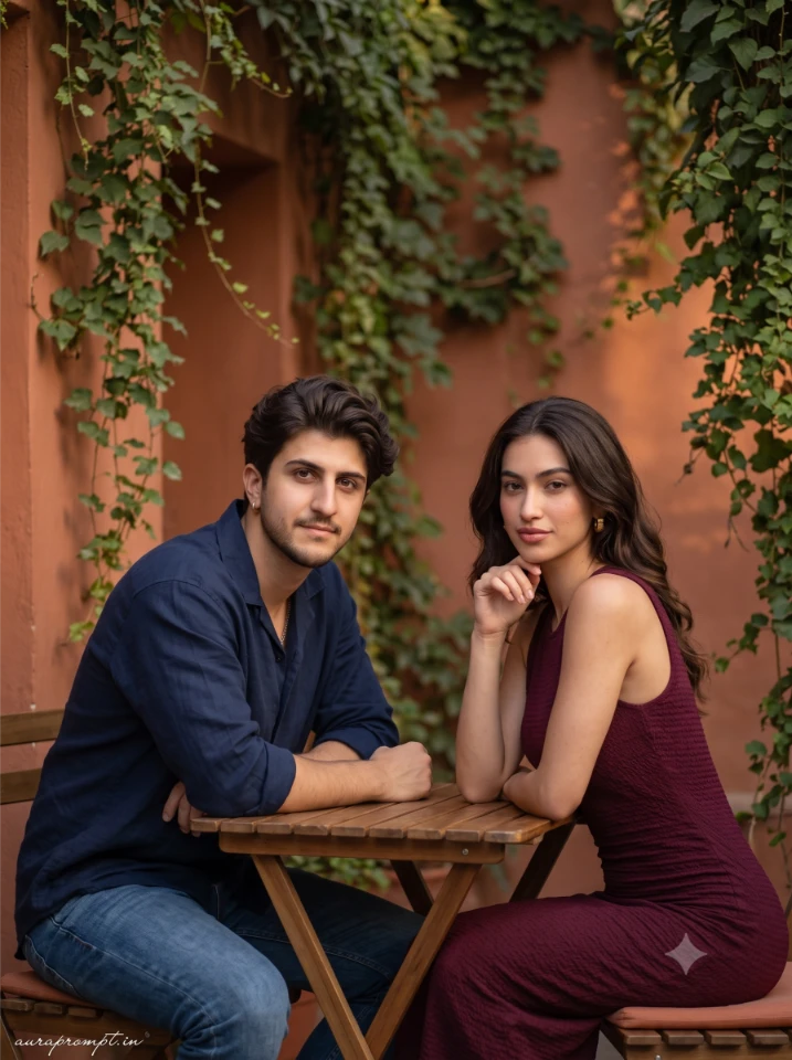Best Gemini couple photo prompt output with girl in deep burgundy bodycon dress and boy in navy oversized shirt seated at a warm-lit outdoor cafe table