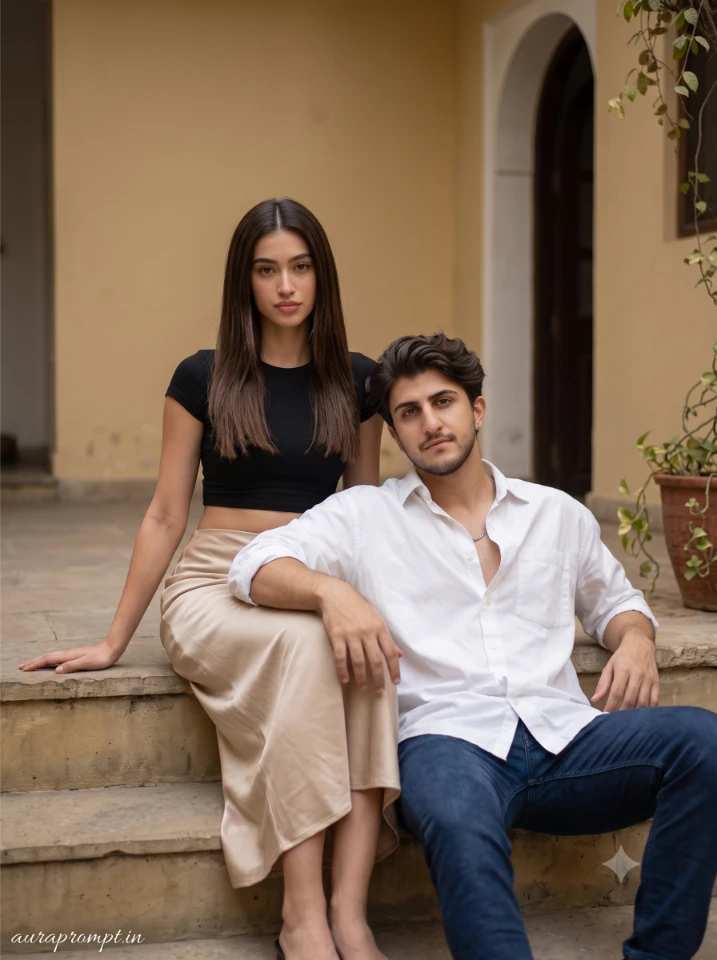 AI couple photo prompt copy paste result showing girl in black top and flowy skirt with boy in white oversized shirt sitting on stone steps at a quiet courtyard