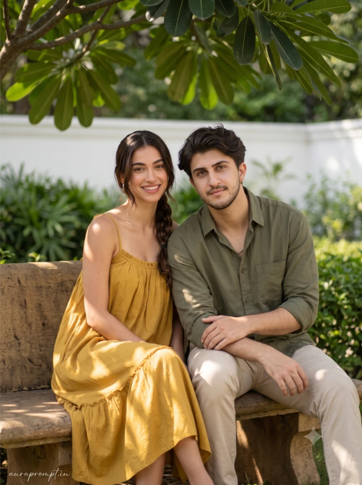 Romantic AI couple photo editing prompt result showing girl in mustard yellow ruffle dress and boy in olive oversized shirt seated together on a sunlit garden bench with dappled light