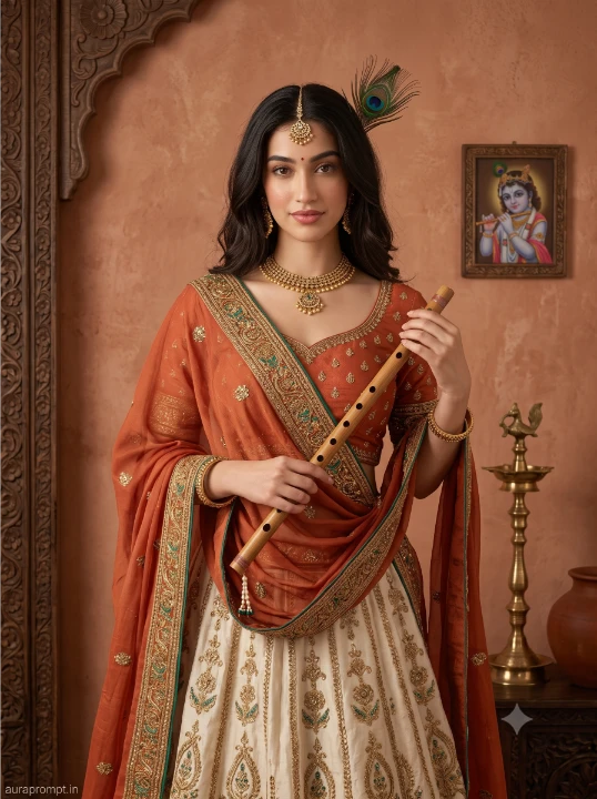 Vrindavan girl AI photo in warm persimmon lehenga with peacock feather detail standing beside terracotta plaster bedroom wall