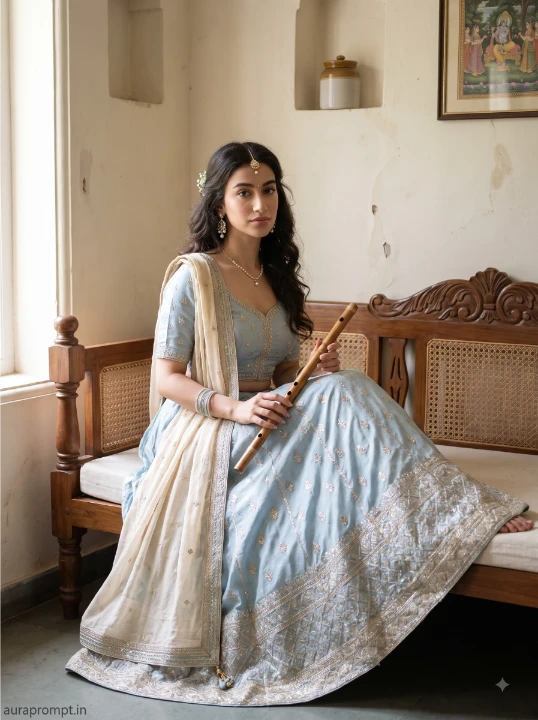 Krishna Janmashtami Gemini prompt Indian girl in powder blue lehenga seated on wooden daybed with pearl jewelry and flute