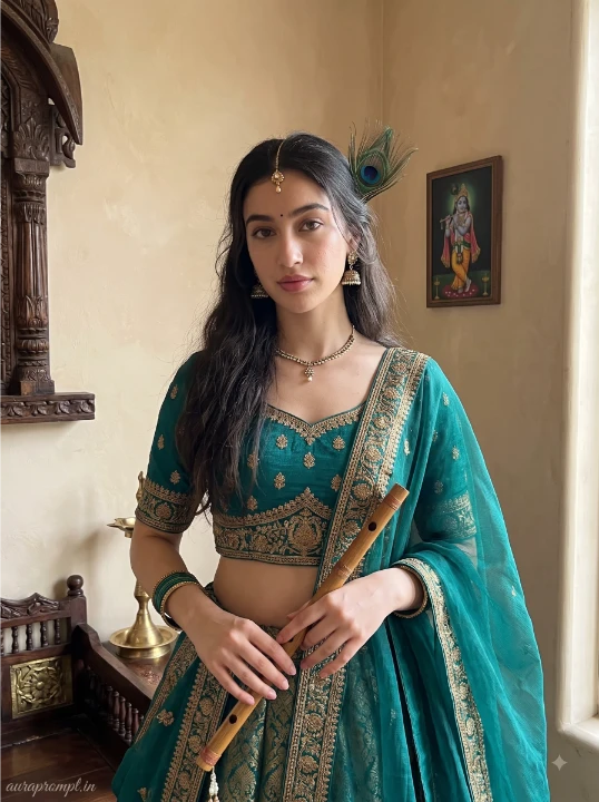 Janmashtami AI photo prompt girl in peacock green lehenga holding wooden flute against warm beige Vrindavan bedroom wall