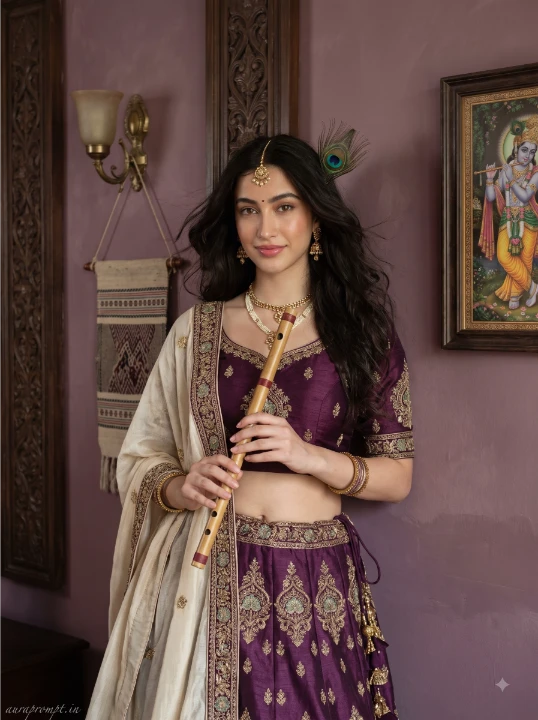 Flute portrait prompt girl in deep plum lehenga with antique gold embroidery standing beside carved wooden heritage wall
