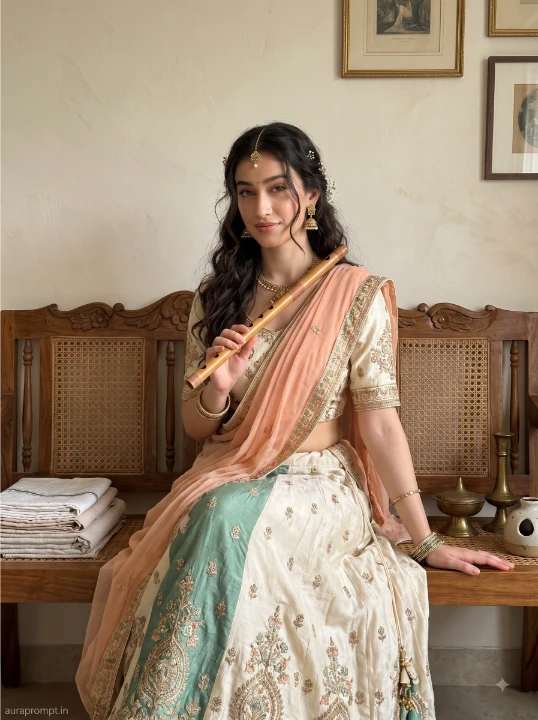 Radha Krishna inspired AI portrait Indian girl in cream jade green lehenga seated on traditional bench with devotional bedroom background