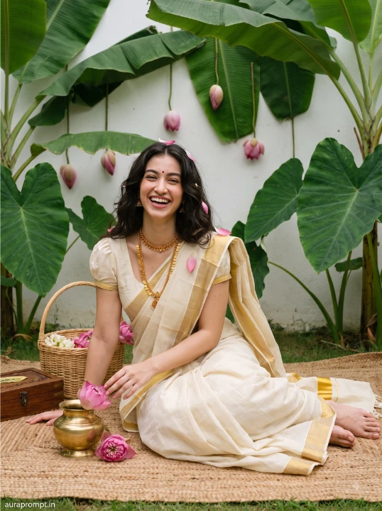 Onam AI photo editing prompt woman laughing on jute mat cream kasavu saree banana leaf lotus wall garden setting