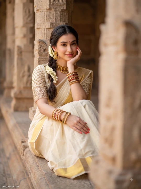 Kasavu saree photo editing prompt woman seated sandstone temple pillar ivory saree jasmine braid bangles chin on hand pose