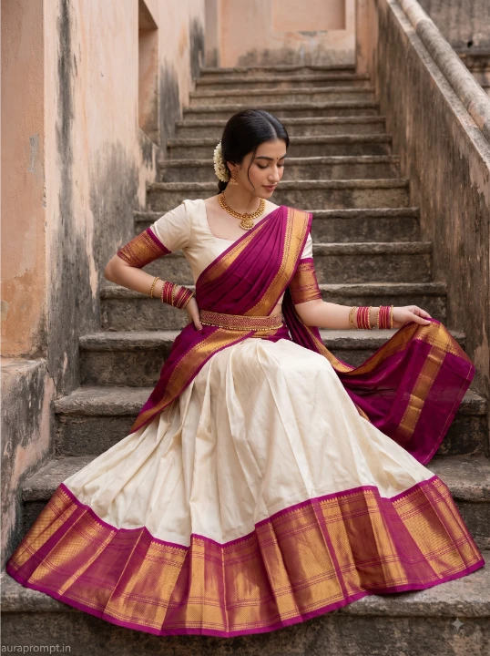 Kerala traditional saree portrait woman seated heritage stone stairs cream magenta gold half saree skirt spread fashion lookbook