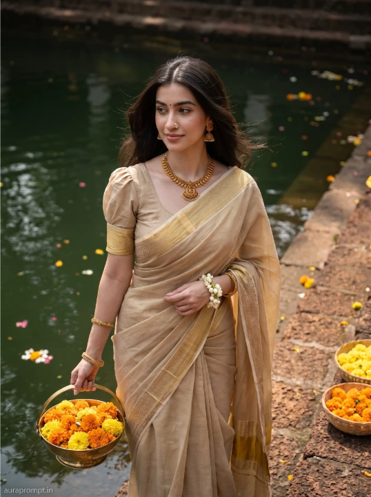 Onam kasavu saree AI prompt woman in beige gold Kerala saree walking temple pond steps holding marigold basket