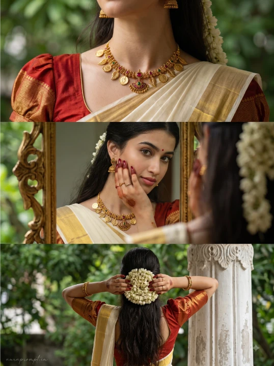 Kerala saree gemini prompt three panel triptych editorial cream kasavu red blouse antique gold necklace outdoor Kerala porch