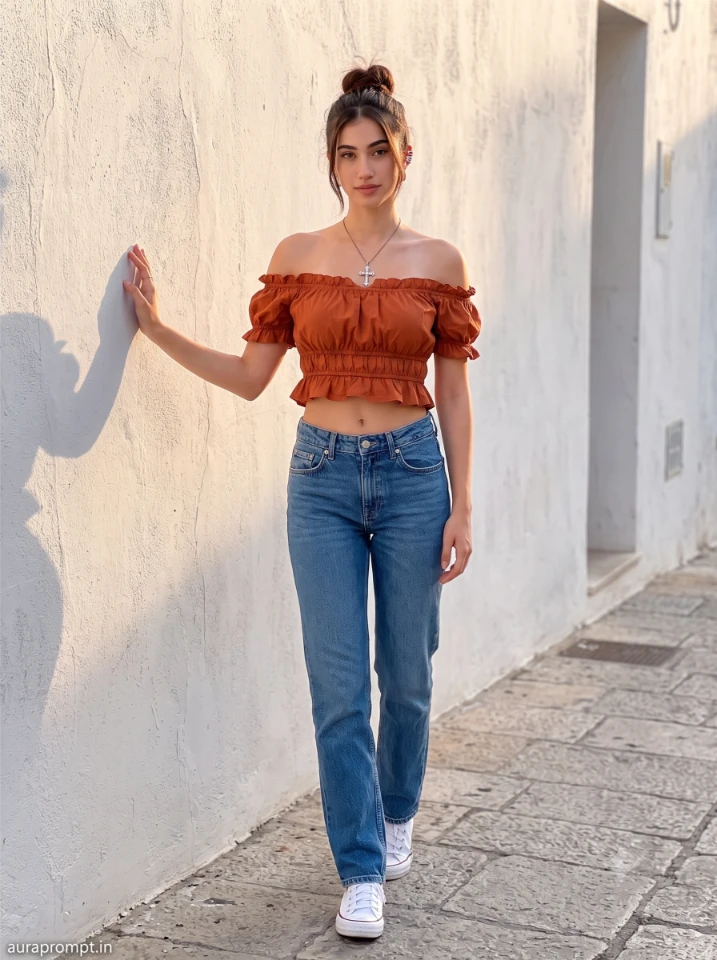 Viral AI photo editing prompt for girls featuring a cream ruffled Bardot top and wide-leg beige pants in an editorial street setting with ultra-realistic RAW skin texture