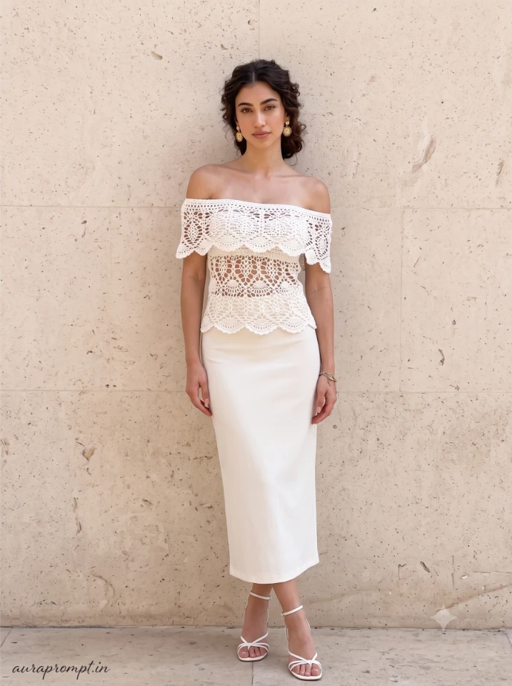 Pinterest girl photo pose prompt result showing a white crochet off-shoulder top with ivory midi skirt in premium magazine aesthetic with natural skin finish and 8K resolution quality