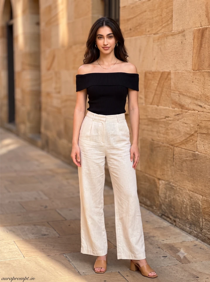 Gemini AI photo prompt for girls showing a black off-shoulder Bardot top with high-waist linen trousers in warm afternoon natural daylight against a textured sandstone wall