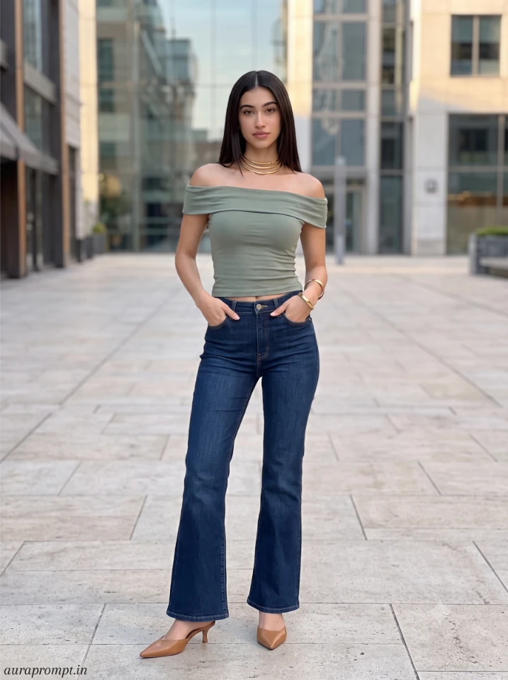 ChatGPT AI photo prompt for girls depicting a sage-green bardot top with tailored palazzo trousers in a modern lifestyle photoshoot with cinematic soft daylight