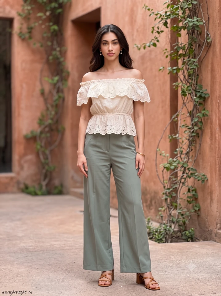 Trending girl AI photo prompt showing a rust-orange off-shoulder crop top paired with flared denim jeans in a Pinterest-inspired natural iPhone photography lifestyle pose