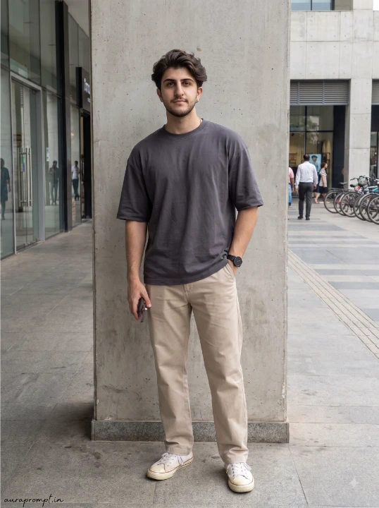 Natural lifestyle AI portrait prompt man in charcoal oversized tee and beige trousers standing beside urban concrete wall street style