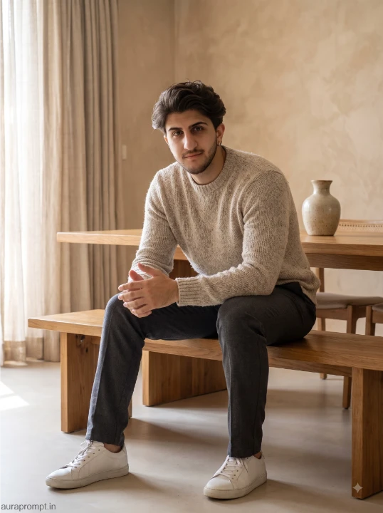 Realistic male portrait AI prompt man in oatmeal knit sweater seated on wooden dining bench warm home interior