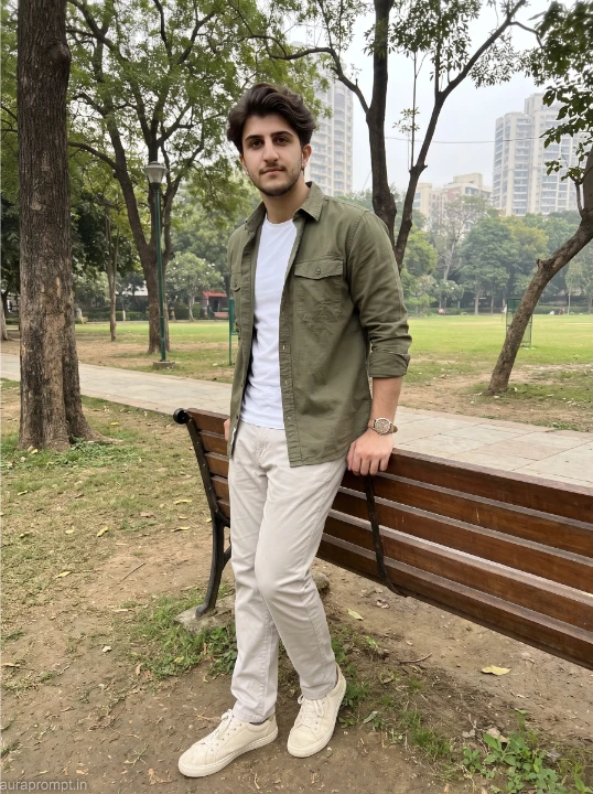 Candid lifestyle portrait prompt man in olive green overshirt and stone trousers standing beside wooden park bench outdoor natural light
