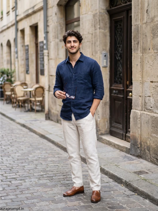 ChatGPT image prompt man in navy linen shirt and off white trousers beside stone building entrance European travel street style