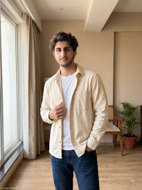 ChatGPT lifestyle photo prompt man in cream overshirt white tee and dark denim standing beside apartment window morning light