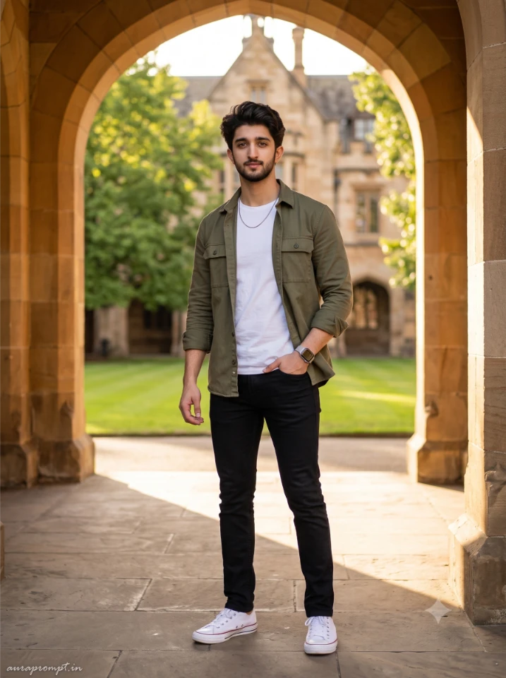 College boy in olive overshirt and black jeans standing at university archway generated with Gemini AI college boy prompt