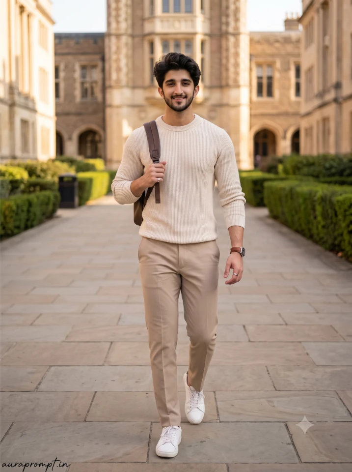 Stylish college boy in cream knit sweater and beige chinos walking on stone campus pathway using Gemini AI photo editing prompt