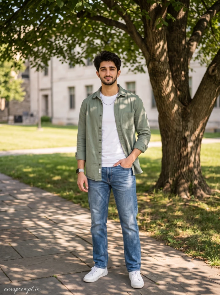 Fashionable Indian college boy in sage green overshirt under campus tree using Gemini Nano Banana Pro college boy prompt