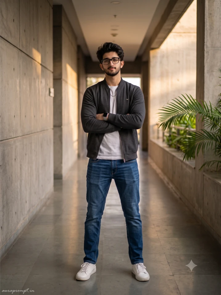 College boy in charcoal bomber jacket leaning on modern university corridor wall using stylish college boy photo prompt