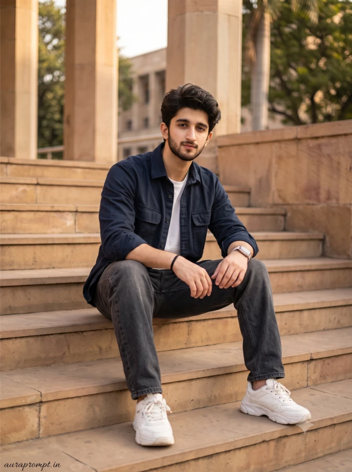 Indian college boy in dark navy shirt sitting on wide campus steps with Gemini AI college campus portrait prompt