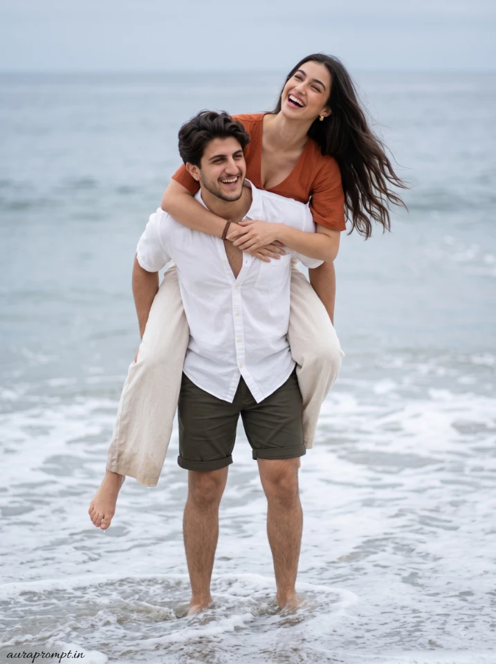 Romantic beach couple photo prompt result from Gemini AI showing a woman in a peach tiered maxi dress being lifted by her partner on an open coastal shoreline with ocean waves behind them
