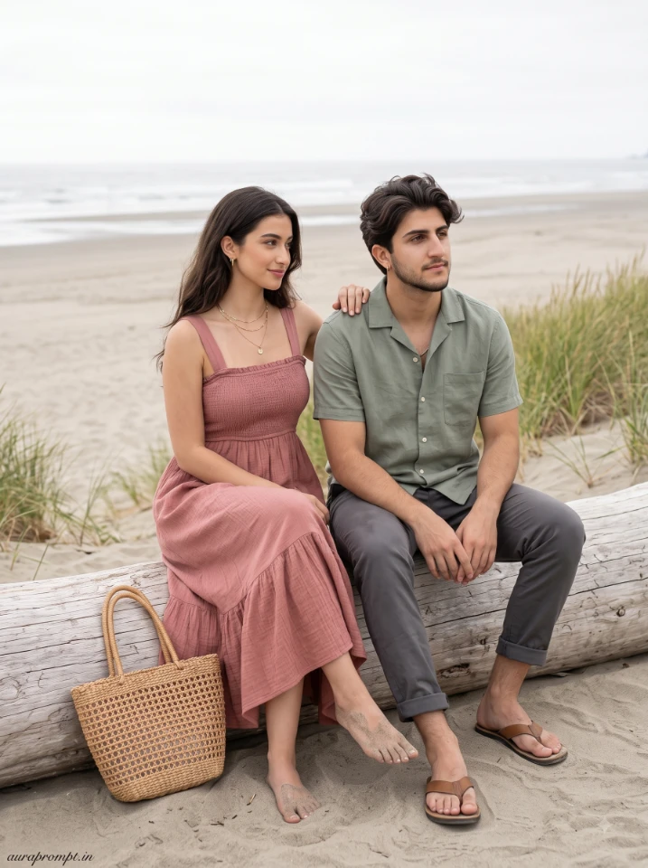Gemini AI couple photo editing prompt showing a man and woman sitting side by side on weathered driftwood at the edge of a wide California beach with soft blue sky and natural skin texture