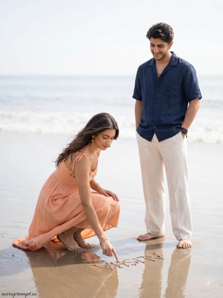 AI couple beach photo prompt output showing a man in grey linen trousers and a woman in a rust orange skirt walking barefoot along the waterline of a pale misty Malibu beach holding hands
