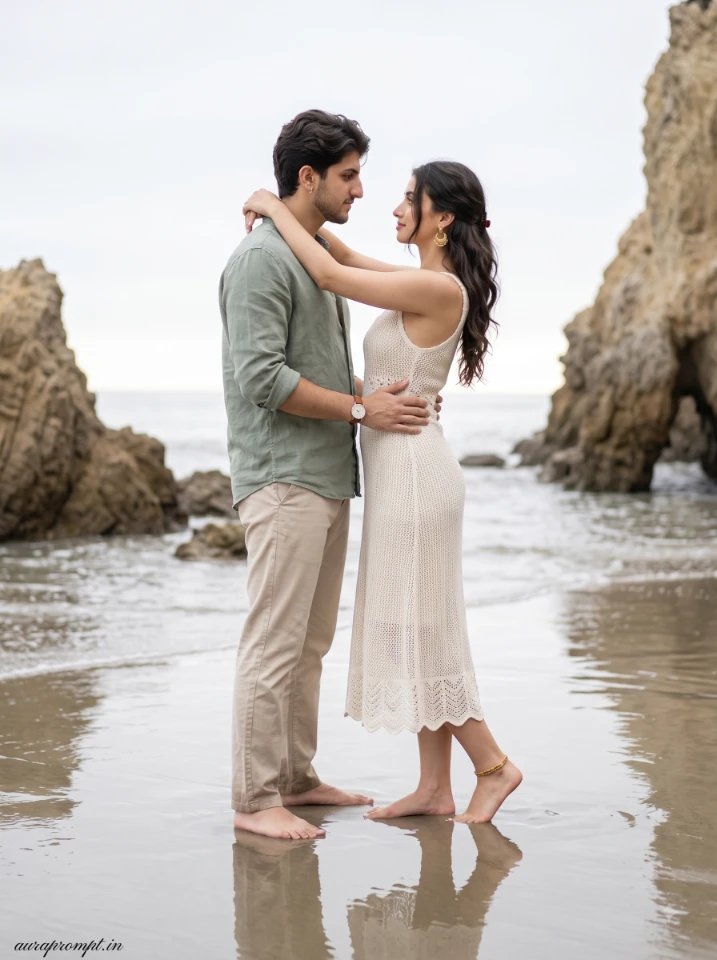 Gemini AI couple beach prompt result of a woman in ivory crochet maxi dress and man in sage linen shirt sitting on Miami beach rock at sunrise
