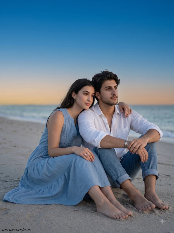 Couple beach photo editing prompt output from Gemini Nano Banana showing a woman in a white textured sundress and man in navy rolled-sleeve shirt writing in wet sand at a quiet USA beach shoreline