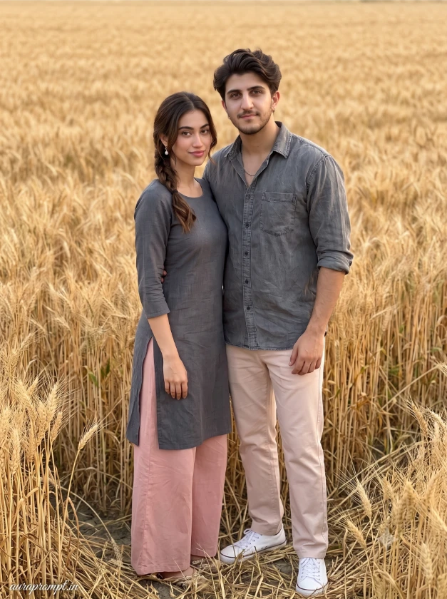 Indian couple in matching charcoal grey and blush outfits in an open wheat field for an Instagram couple selfie AI prompt