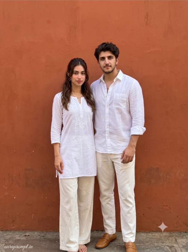 Indian couple in white and off-white linen coordination against a warm terracotta wall for a chatgpt couple prompt 2026