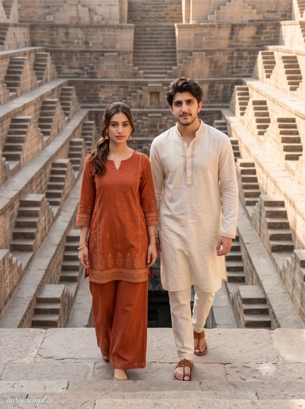Indian couple in rust orange and cream cotton outfits at a heritage stepwell location for a viral couple AI prompt 2026