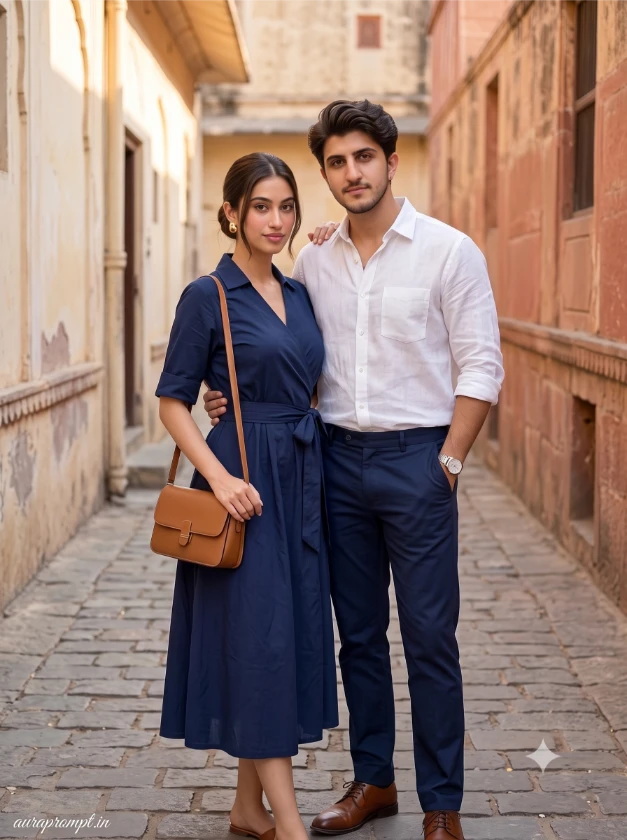 Indian couple in coordinated navy blue and white linen outfits on a cobblestone street captured with a romantic couple photo editing prompt